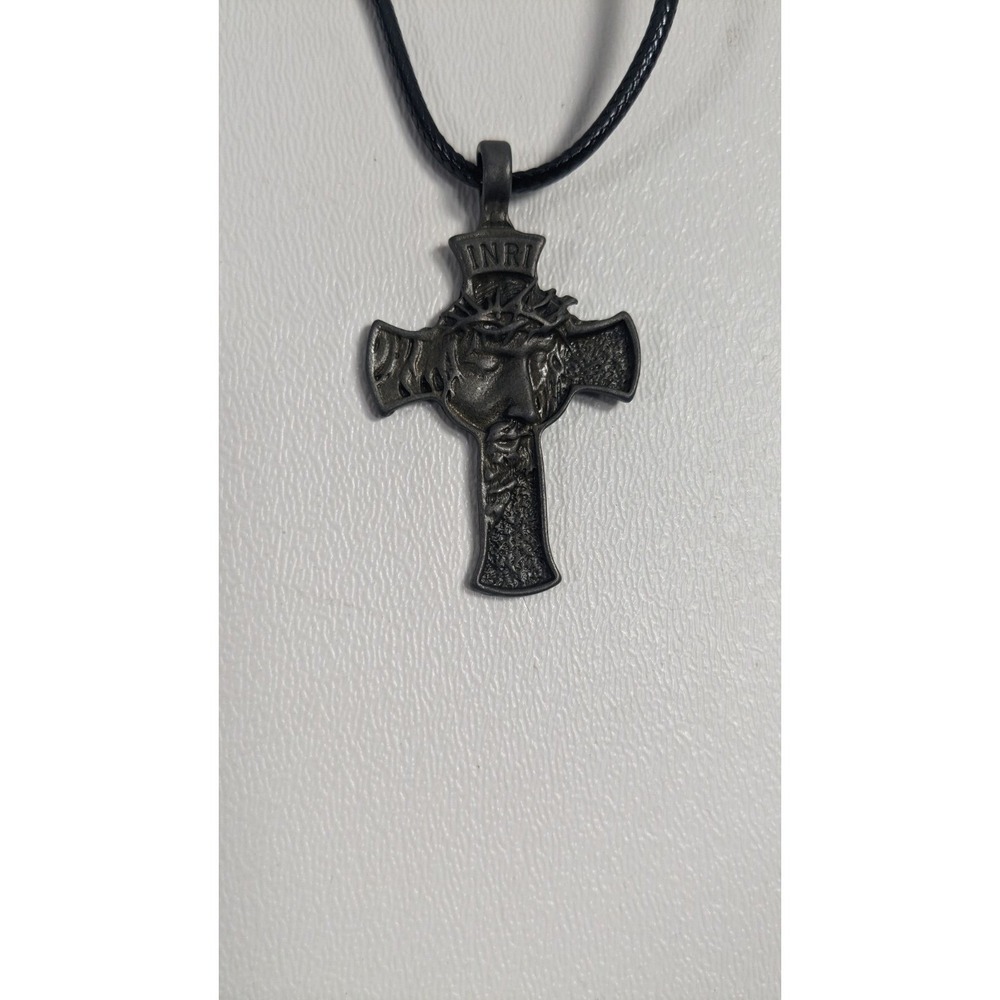 Jesus Christ Face Crucifix Cross Pendant Necklace INRI Gunmetal Black Cord - Picture 6 of 9
